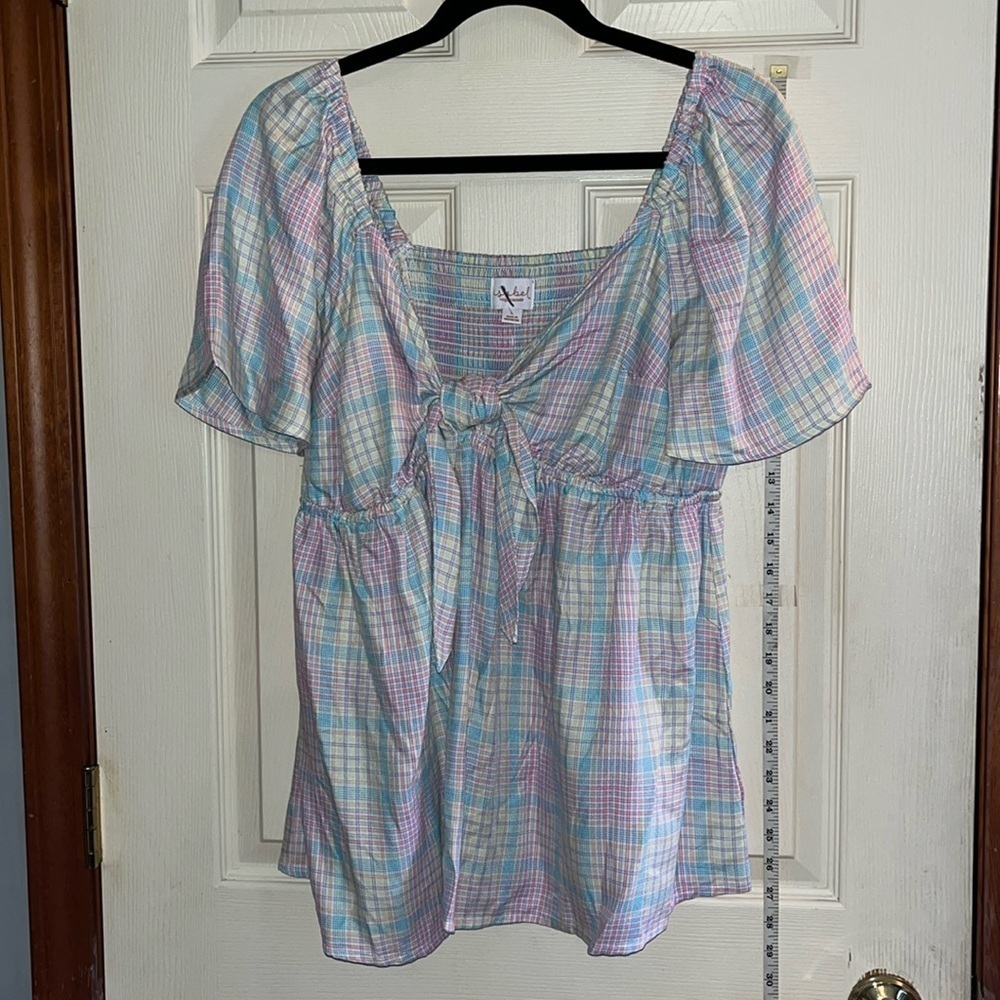 Ingrid and Isabel-L maternity-plaid, woven, peekaboo tie front, smocked blouse.